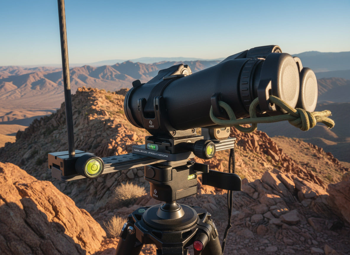 Optics Bridge installed on Tripod with binoculars and kestrel shown left side