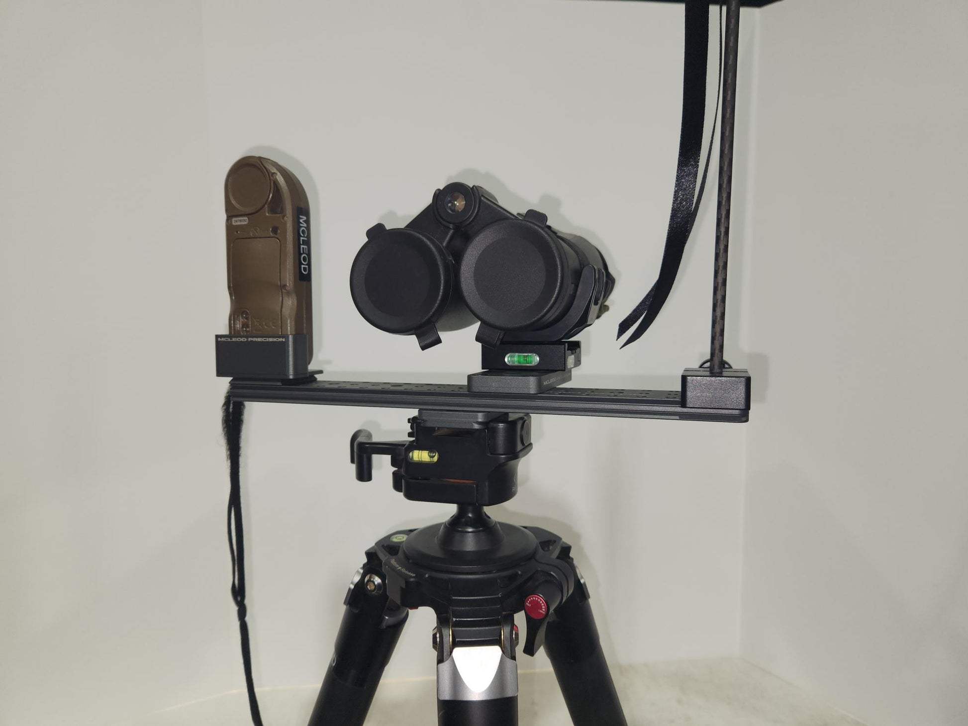 Optics Bridge installed on Tripod with binoculars and kestrel shown front view