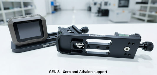 Camera monitor and leveling base plate on a wooden surface