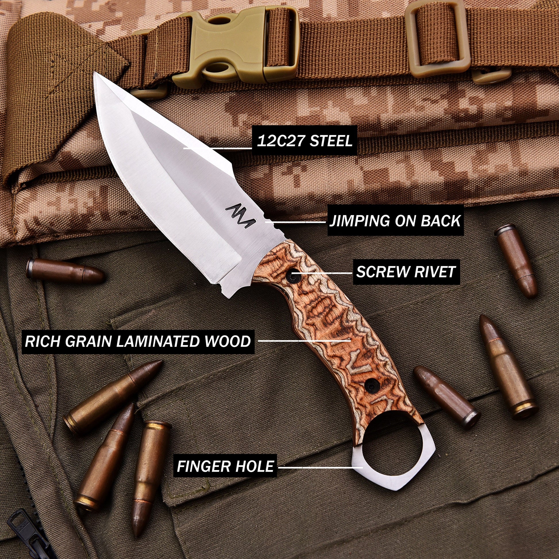 Knife with labeled features on a camouflage background with bullets