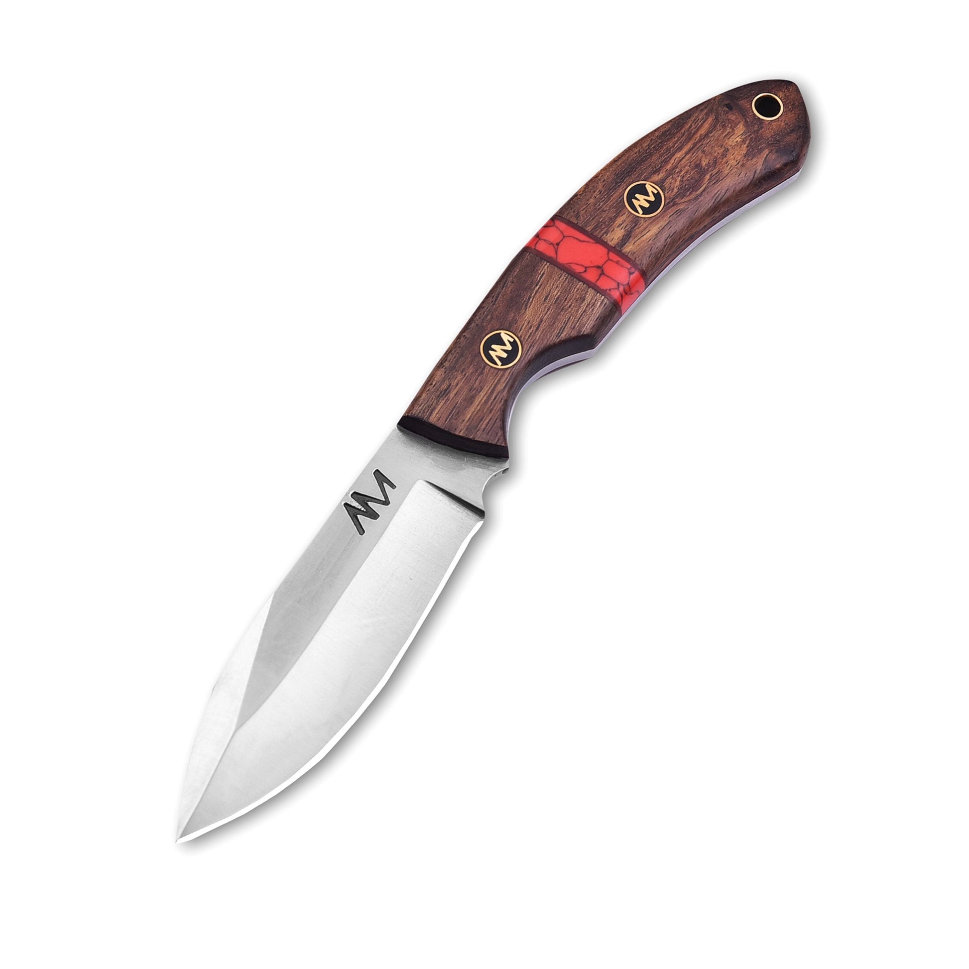 Knife with wooden handle and red accent on a white background