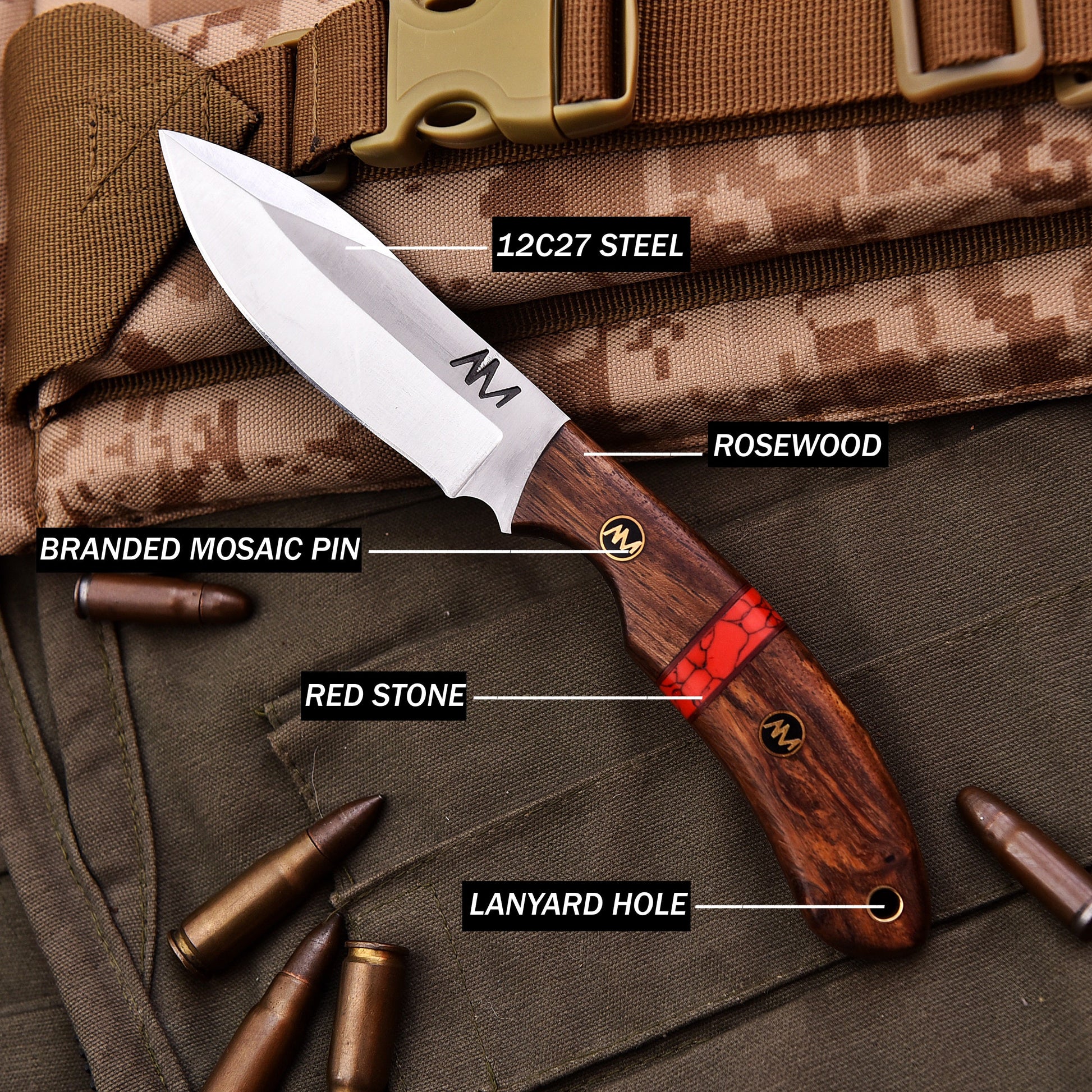 Knife with wooden handle and metal blade on camouflage fabric, labeled for components.