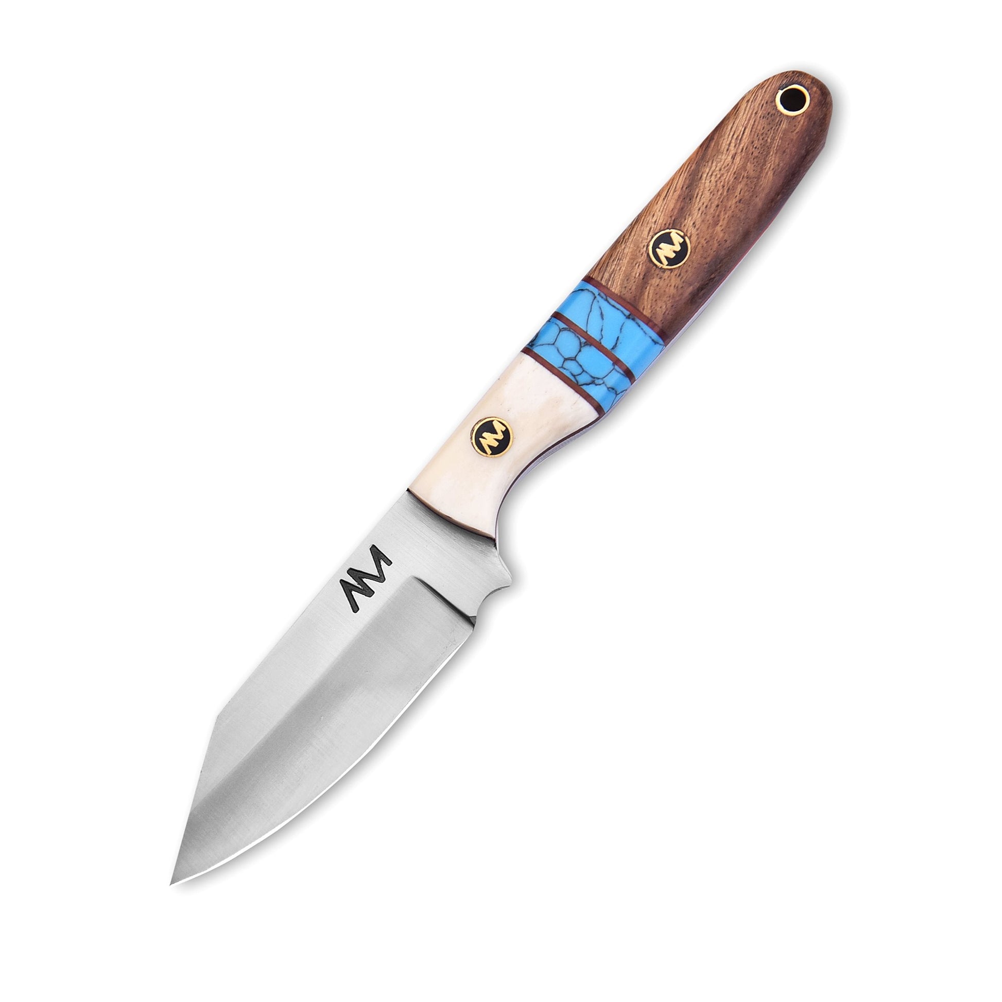 Knife with a wooden handle and blue accent on a white background
