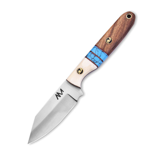 Knife with a wooden handle and blue accent on a white background