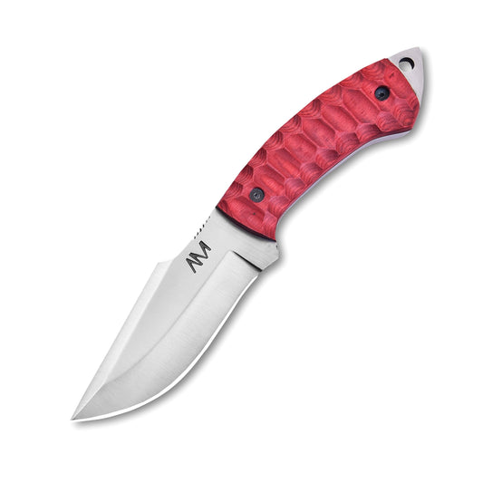 Folding knife with a red handle on a white background
