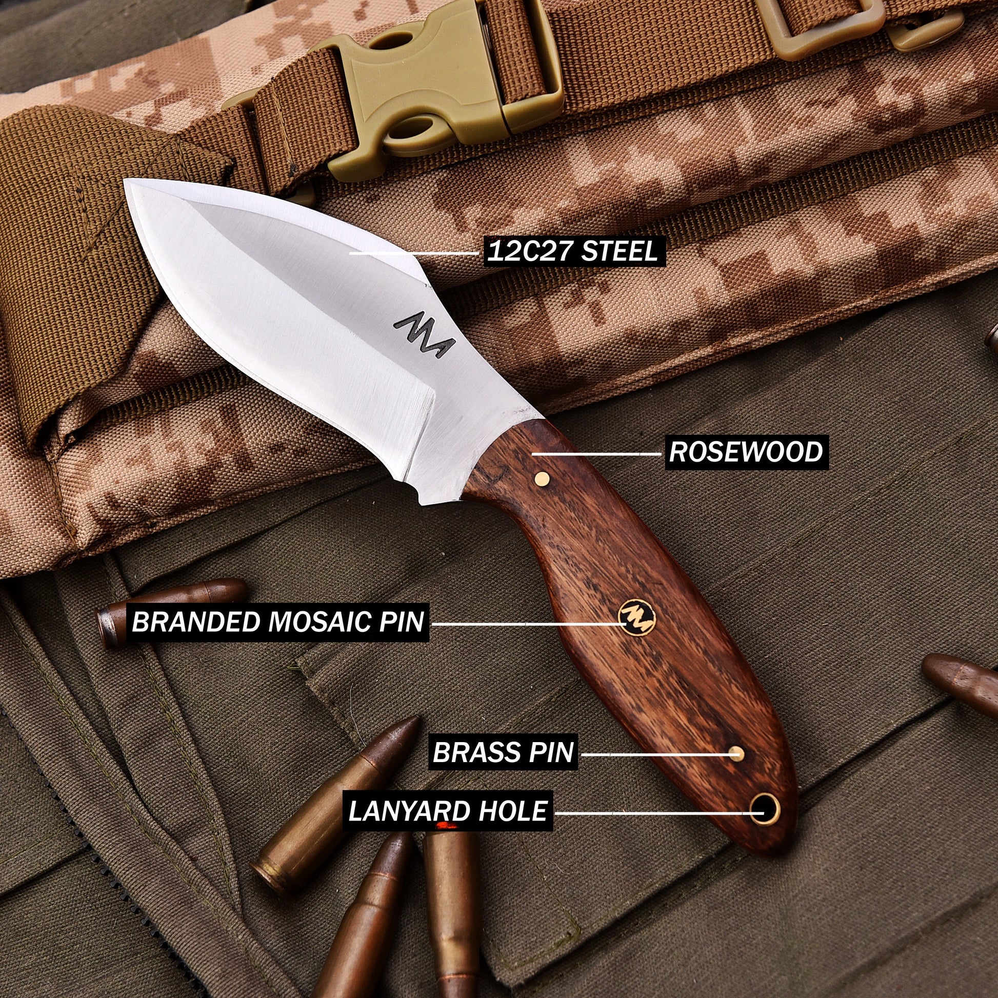 Knife with wooden handle and metal blade on a tactical background