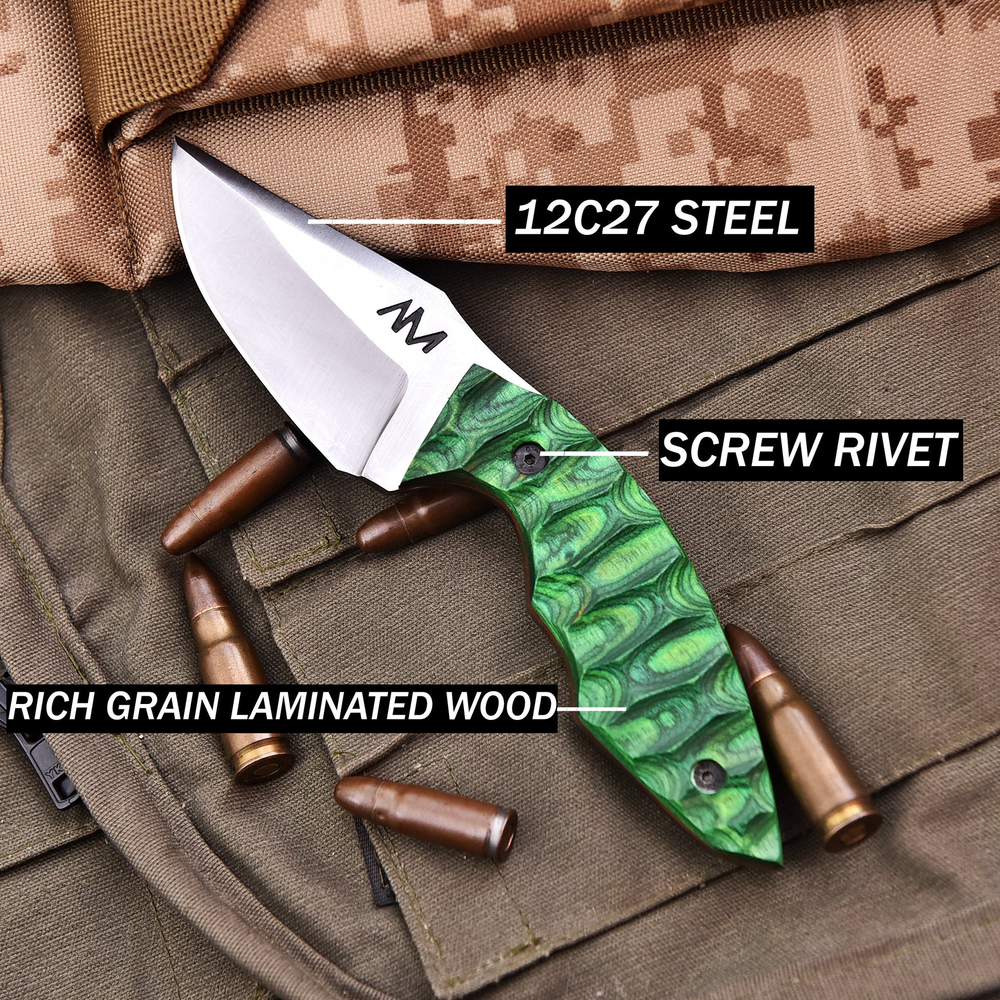 Knife with green wooden handle and metal blade on camouflage fabric, labeled with material details.