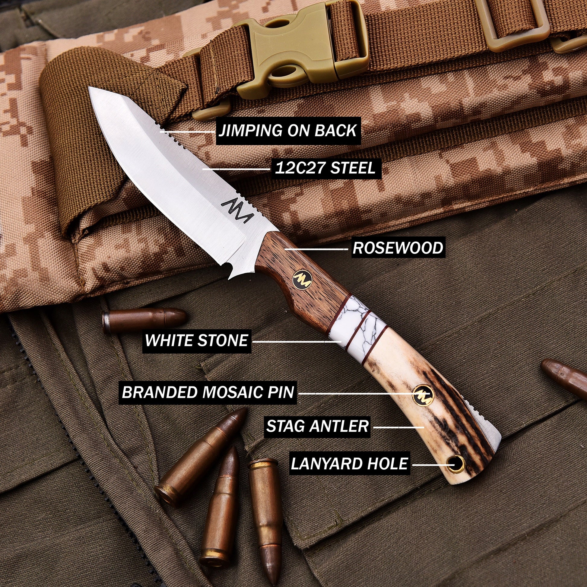 Knife with wooden handle and metal blade on camouflage fabric background